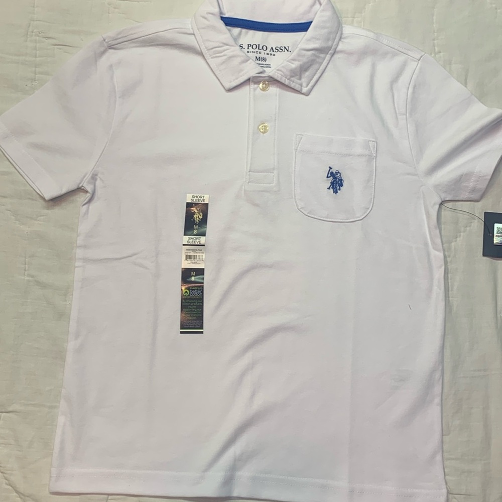 U.S. Polo Assn. Boys' White Short-Sleeve Polo Shirt with Pocket, Size M (8) NWT